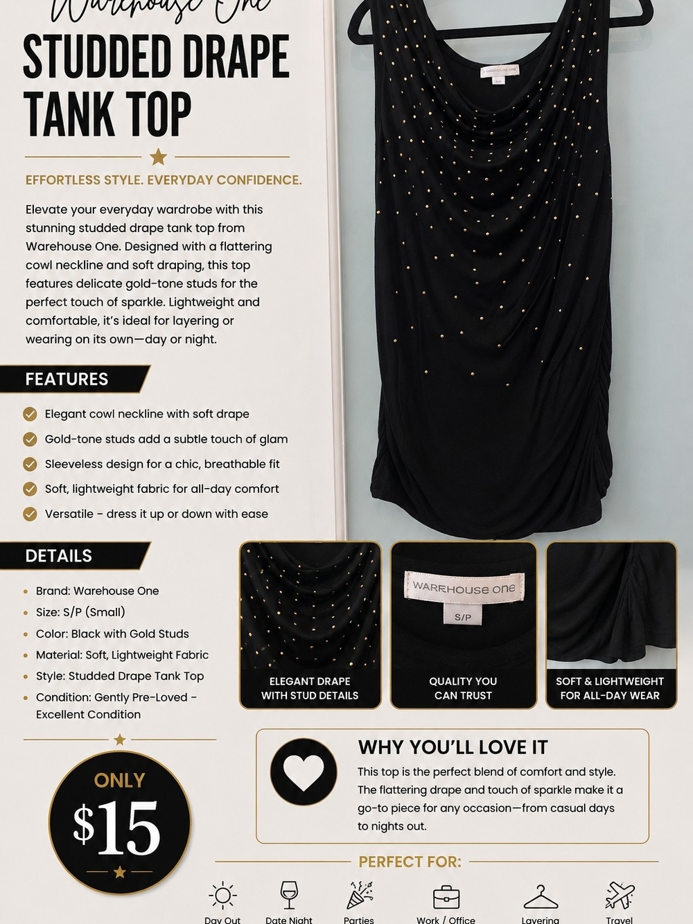 Warehouse One Black Tank Top with Gold-Tone Studs